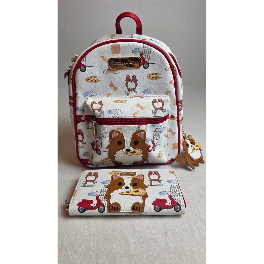 Jaxson & Friends Corgi in Italy Mini Backpack and Wallet Set Pizza Travel White